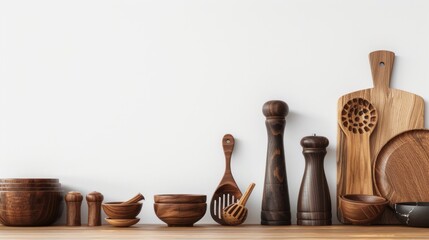 wooden cooking utensils are neatly arranged in the kitchen