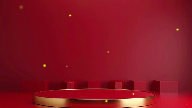 Red round podium on red background. Modern podium for product presentation. Red podium background. Copy space area for text. 