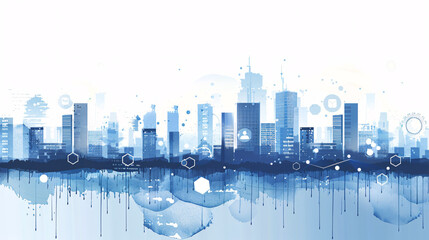 Abstract cityscape with digital network elements in blue tones