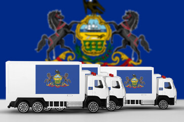 Pennsylvania US state flag depicted on side wall of white delivery van close up. Shipping and local delivery concept