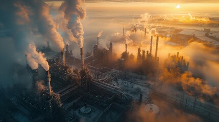 Industrial factory emitting smoke at dawn - generative ai
