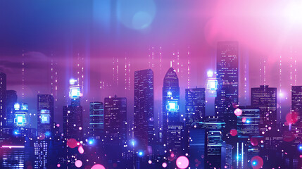 Fototapeta premium Futuristic cityscape with neon lights and digital interface in pink and blue tones