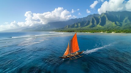 Traditional Polynesian outrigger canoe Ocean voyage. - Powered by Adobe