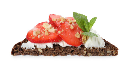 Delicious bruschetta with fresh ricotta (cream cheese), strawberry and mint isolated on white