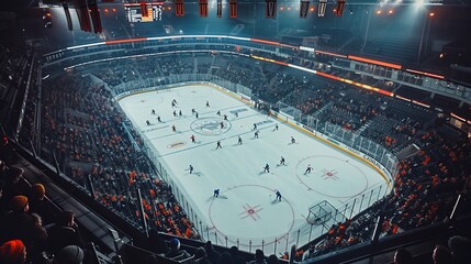 An aerial view of a hockey game in progress at a crowded arena