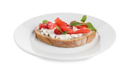 Delicious bruschetta with fresh ricotta (cream cheese), strawberry and mint isolated on white