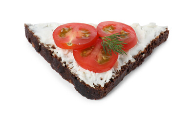 Delicious bruschetta with fresh ricotta (cream cheese), tomato and dill isolated on white
