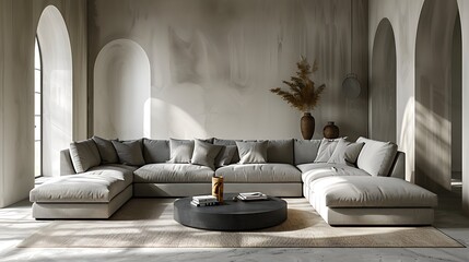 A chic minimalist living room with a gray sofa, black coffee table, and white walls.