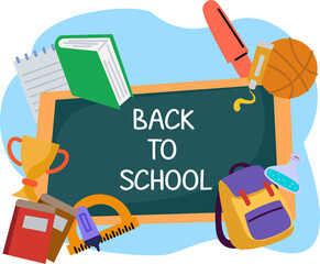 flat back to school background with blackboard and school supplies theme