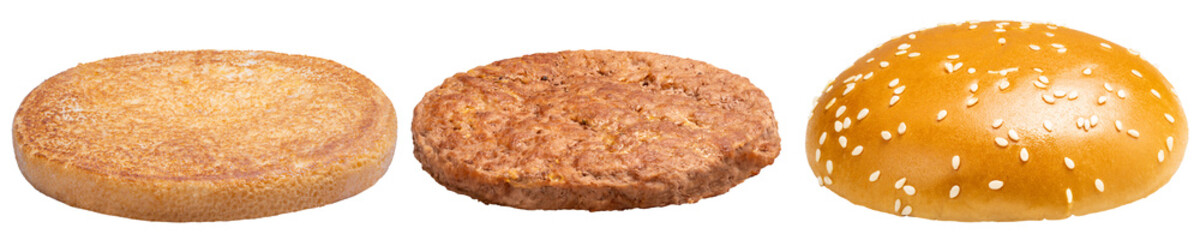 Set of hamburgers Separate bread and meat isolate on white PNG File.