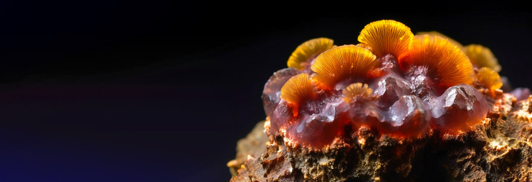 Cacoxenite is rare precious natural geological stone on gradient background in low key, isolate. AI generated.