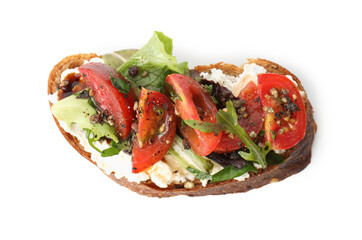 Delicious bruschetta with ricotta cheese, tomatoes and arugula isolated on white, top view