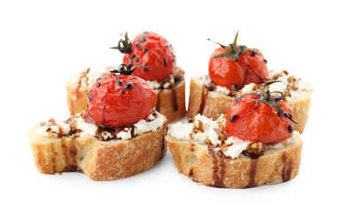 Delicious bruschettas with ricotta cheese, tomatoes and balsamic sauce isolated on white