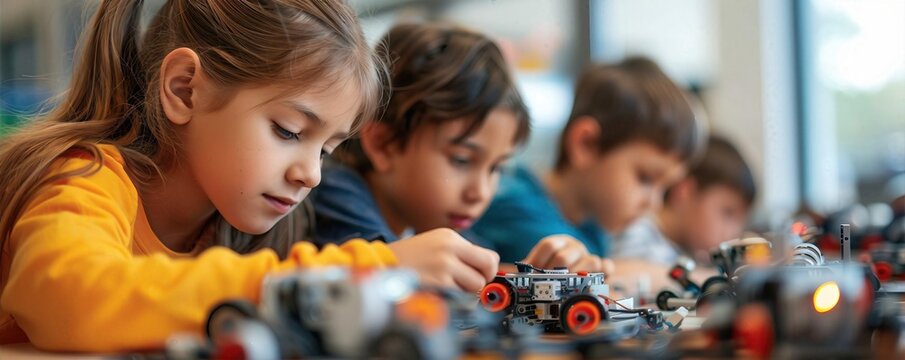 Children building robots in a robotics class, school creativity, STEM education