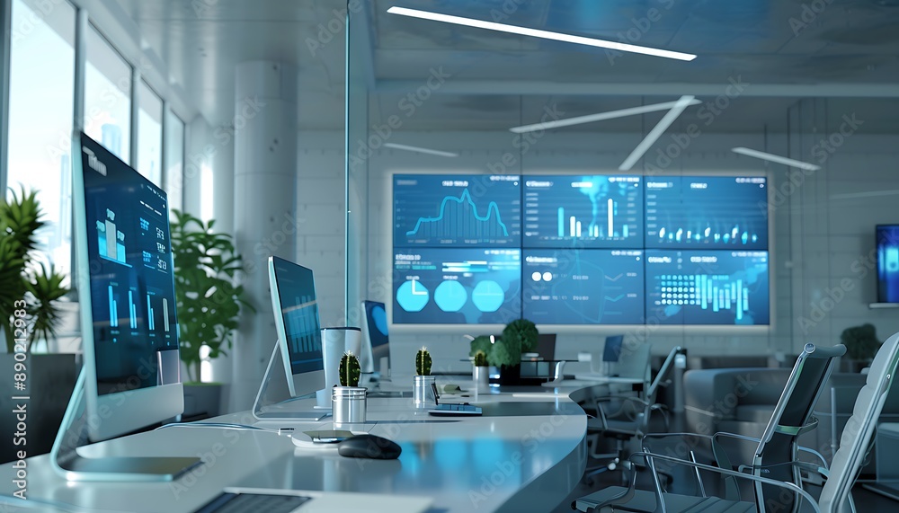 Aufkleber modern office with data visualization displays