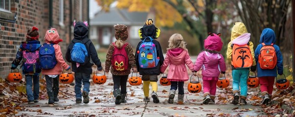 Children dressed in Halloween costumes walking to school, school Halloween, festive celebration