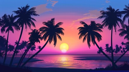 Obraz premium Tropical Beach With Palm Trees. Silhouettes Against Beautiful Sunset Sky