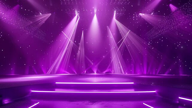 Purple stage background with purple spotlights. Festive empty purple stage or podium for show with backdrop decoration. Fashion show catwalk or podium stage. Luxury night club, dance hall, Disco