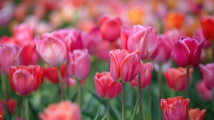 Tulip Field: Blooming Pink Tulips in Colorful Blossom Background