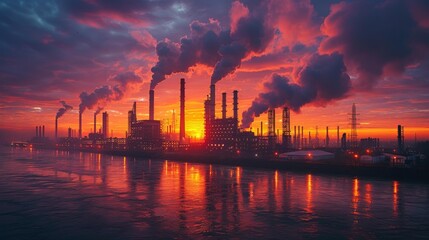 Naklejka premium Industrial sunset scene - generative ai