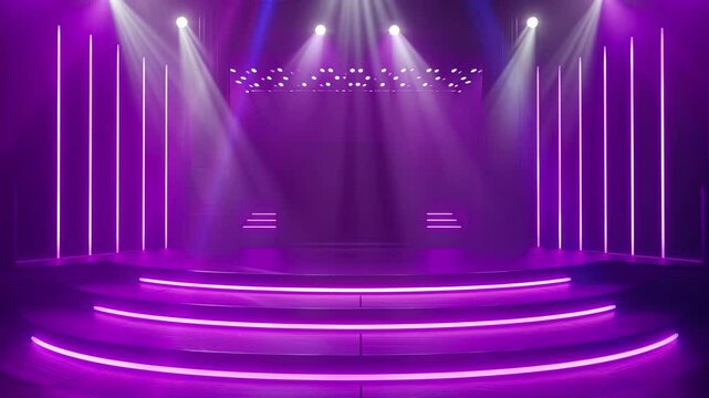 Purple stage background with purple spotlights. Festive empty purple stage or podium for show with backdrop decoration. Fashion show catwalk or podium stage. Luxury night club, dance hall, Disco