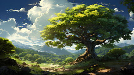 Obraz premium Scenic landscape with blue sky, clouds, and green trees in a peaceful countryside setting