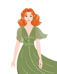 Portrait of a beautiful ginger woman on white background. Attractive girl in a green dress. Redhead with bob hairdo. Avatar for social media. Trendy vector illustration in flat style.