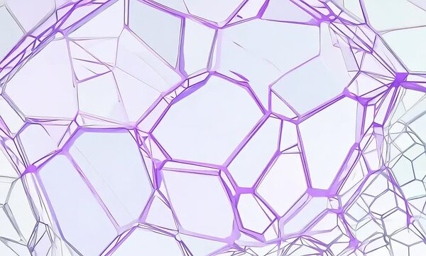 Minimal modular voronoi cells backdrop in white colors. Abstract, polygonal, cellular pattern background with light and bright colors and movement. Weave of irregular polygons with purple lines