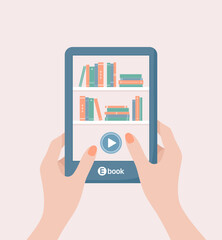 Female hands holding e-book reader with bookshelves and start button on the screen. Flat vector illustration
