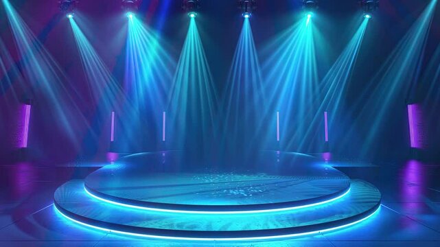 Abstract blue background with blue stage light and spotlights on empty floor. Blue light rays background. Podium for product presentation, party, dance hall, disco, theater, show. Beautiful background