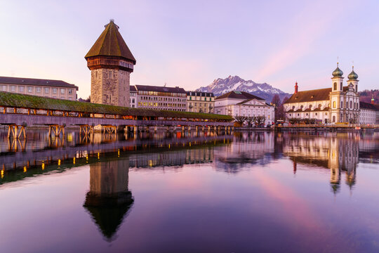 Sunrise view of the Chapel Bridge, Lucerne