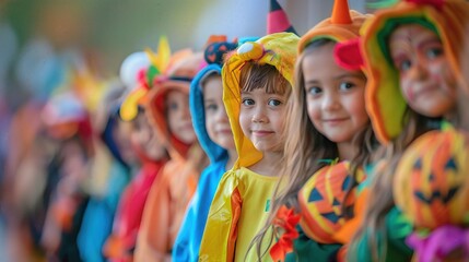 Fototapeta premium Students in Halloween costumes lining up for a parade, school Halloween, festive parade