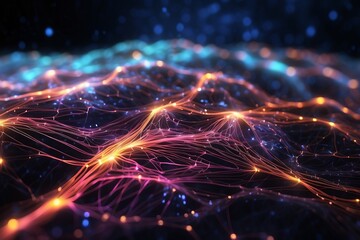 Obraz premium Futuristic neural network visualization. Glowing interconnected nodes form ethereal waves. Vibrant pink, blue, and orange lights against dark background.