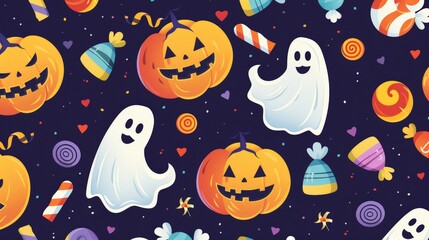 Develop a pattern that highlights the playful side of Halloween with cartoon pumpkins, friendly ghosts, and colorful candy.