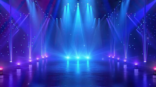 Abstract blue background with blue stage light and spotlights on empty floor. Blue light rays background. Podium for product presentation, party, dance hall, disco, theater, show. Beautiful background