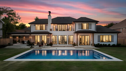 Obraz premium Rear View of a Luxury Home with a Lavish Swimming Pool