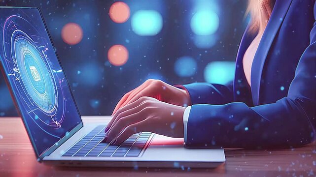 Video of a woman is typing on a laptop while sitting at a desk with a pile of coins in fr