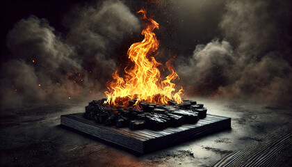 wooden table with Fire burning at the edge of the table, fire particles, sparks, and smoke in the air, with fire flames on a dark background to display products