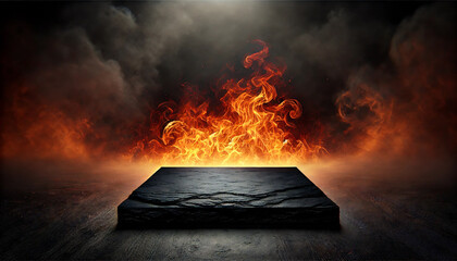 Side view of Empty wooden table top with orange fire or flame and sparkles in dark room.
