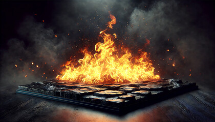 Side view of Empty wooden table top with orange fire or flame and sparkles in dark room.