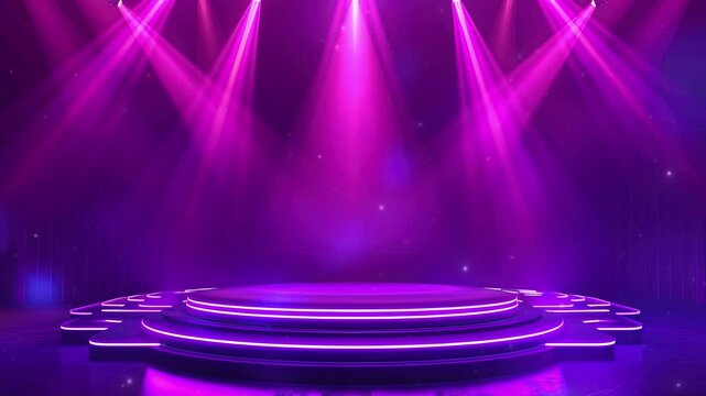 Purple stage background with purple spotlights. Festive empty purple stage or podium for show with backdrop decoration. Fashion show catwalk or podium stage. Luxury night club, dance hall, Disco. 4K