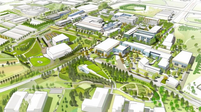 Develop a comprehensive master plan for a high-tech business park, incorporating cutting-edge facilities, green spaces, and efficient logistics systems.