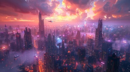 Obraz premium Futuristic cityscape at sunset - generative ai