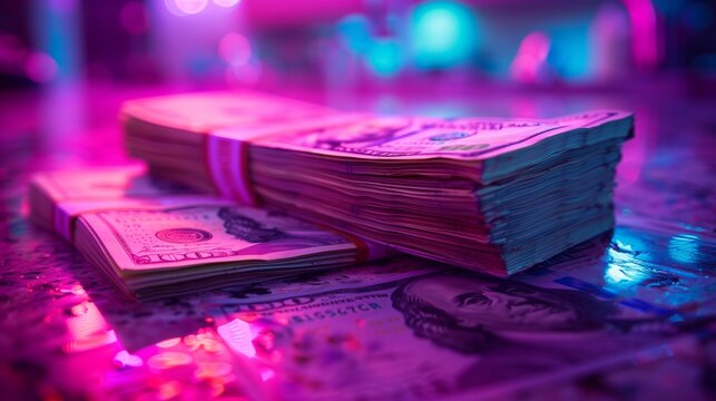 Stacks of Cash in a Nightclub Under Pink and Blue Lights