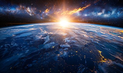 Fototapeta premium Earth From Space Sunrise Over Clouds