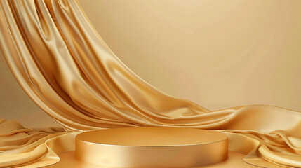Obraz premium Gold podium background with wave line on brown background for product display presentation, premium product cosmetic. Luxury stage or podium with copy space area. 