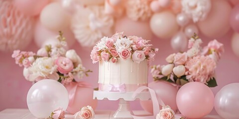 Pink and White Floral Wedding Cake with Balloons