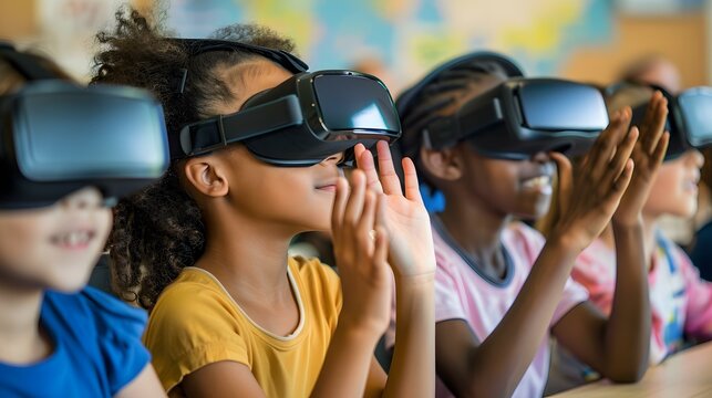 Children interacting with educational VR content in a classroom