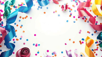 Colorful confetti and ribbons on white background. Birthday celebration template.	
