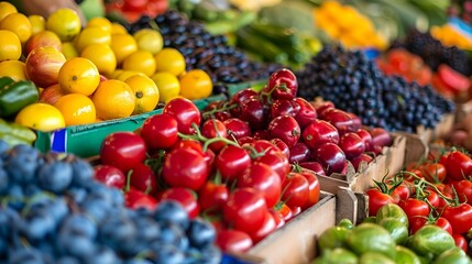 variety of fresh fruits and vegetables displayed in a market setting